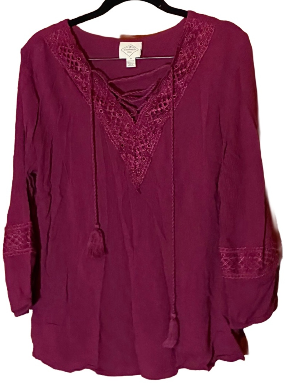 Blouse Peasant Shirt St. John’s Bay Hippie Boho Festival Red Burgundy Lace